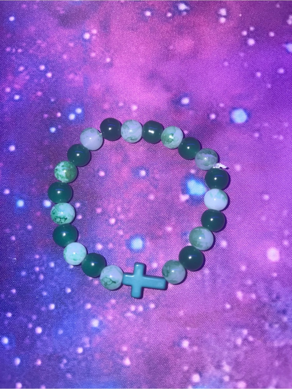 Handmade Green Beaded Stretch Bracelet with Cross Accent